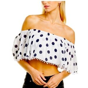 Three Dots Polka Dot Print Off-Shoulder Crop Top